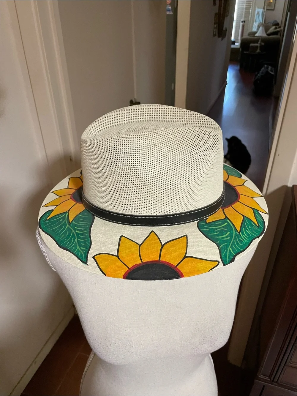MX Mexico cream woven straw fedora hat black band hand painted sunflowers MEDIUM